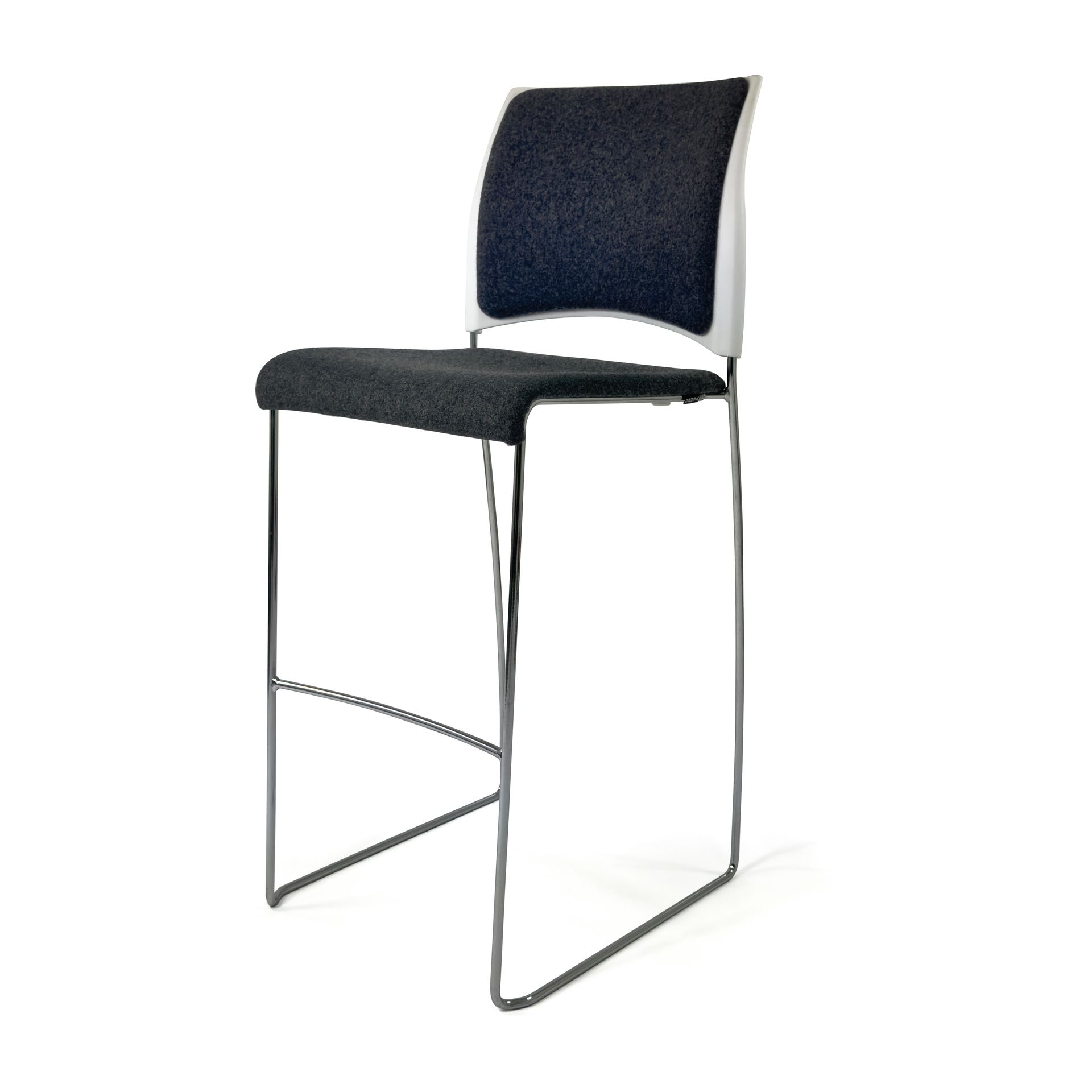 Bar stool with dark upholstered seat and back, chrome frame, against a white background.