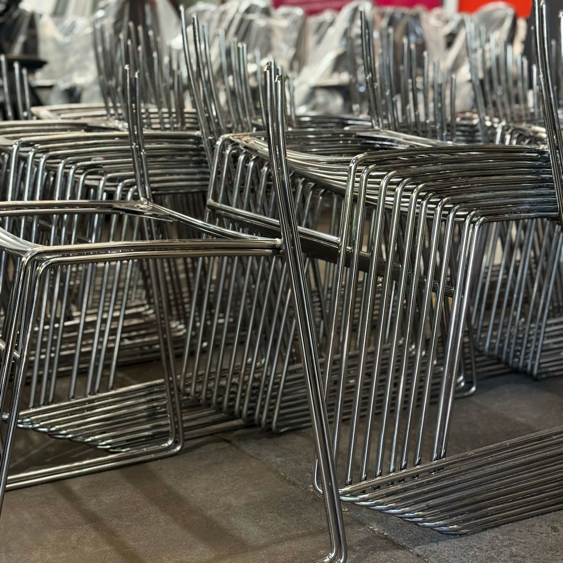 chrome chair frames for refurbished seating in our furniture warehouse near Glasgow