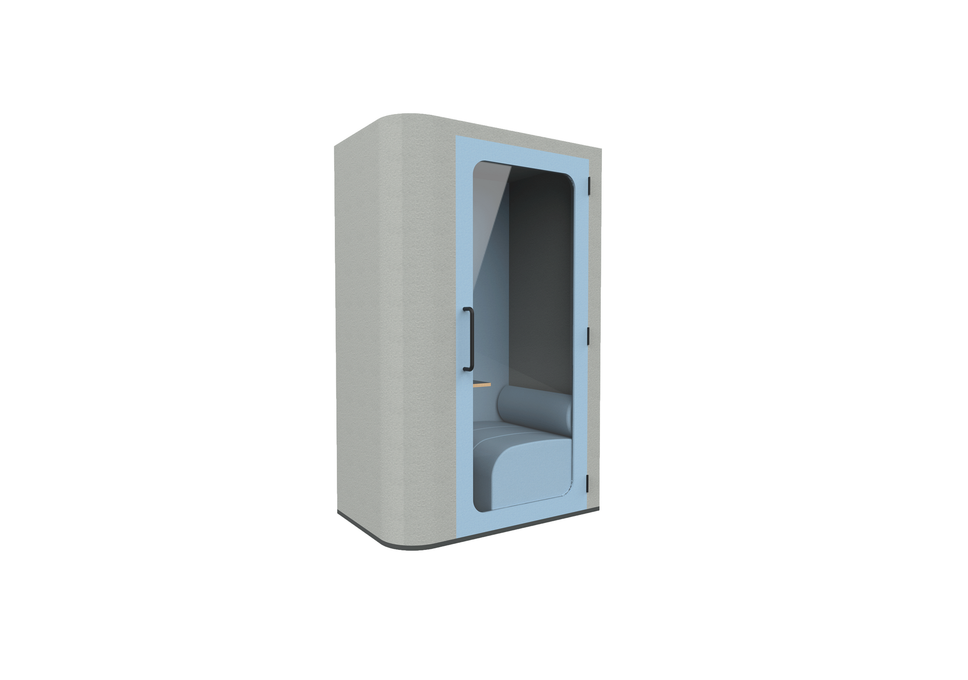 Acoustic phone booth in a modern office setting. Light gray exterior, blue interior, single seat.