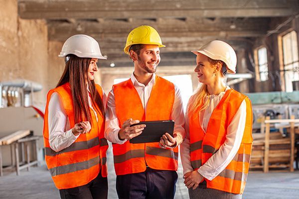 Three construction workers in safety vests and hard hats discussing something on a tablet inside a building.