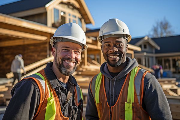 Two construction workers smile in front of a partially built wooden house, wearing safety vests and hard hats.