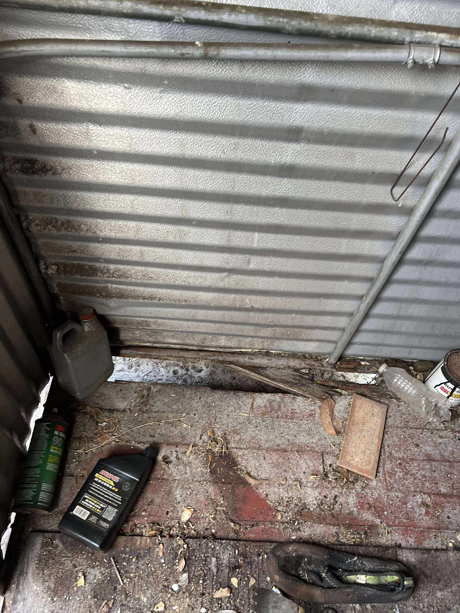 Inside a cluttered shed with corrugated metal walls and ceiling, containing tools and debris.