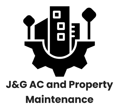 Black icon of buildings, gear, trees, and text "J&G AC and Property Maintenance".