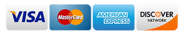 Logos for Visa, MasterCard, American Express, and Discover Network credit cards.