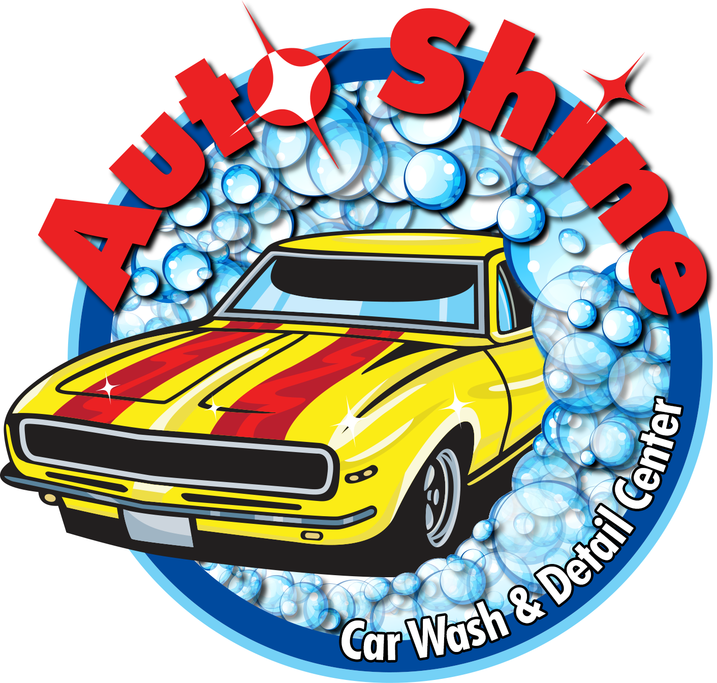 Logo for Auto Shine Car Wash & Detail Center, featuring a yellow muscle car with red stripes surrounded by blue bubbles.