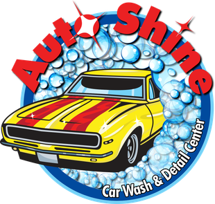 Logo for Auto Shine Car Wash & Detail Center, featuring a yellow muscle car with red stripes surrounded by blue bubbles.