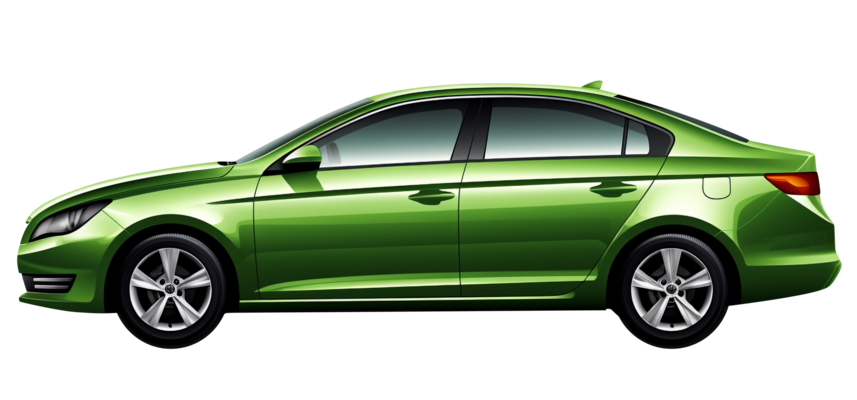 A bright green four-door sedan viewed from the side against a white background.