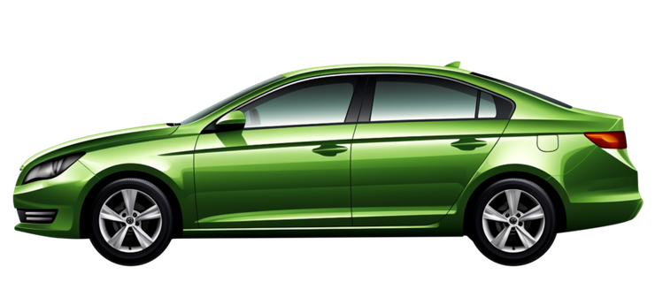 A bright green four-door sedan viewed from the side against a white background.