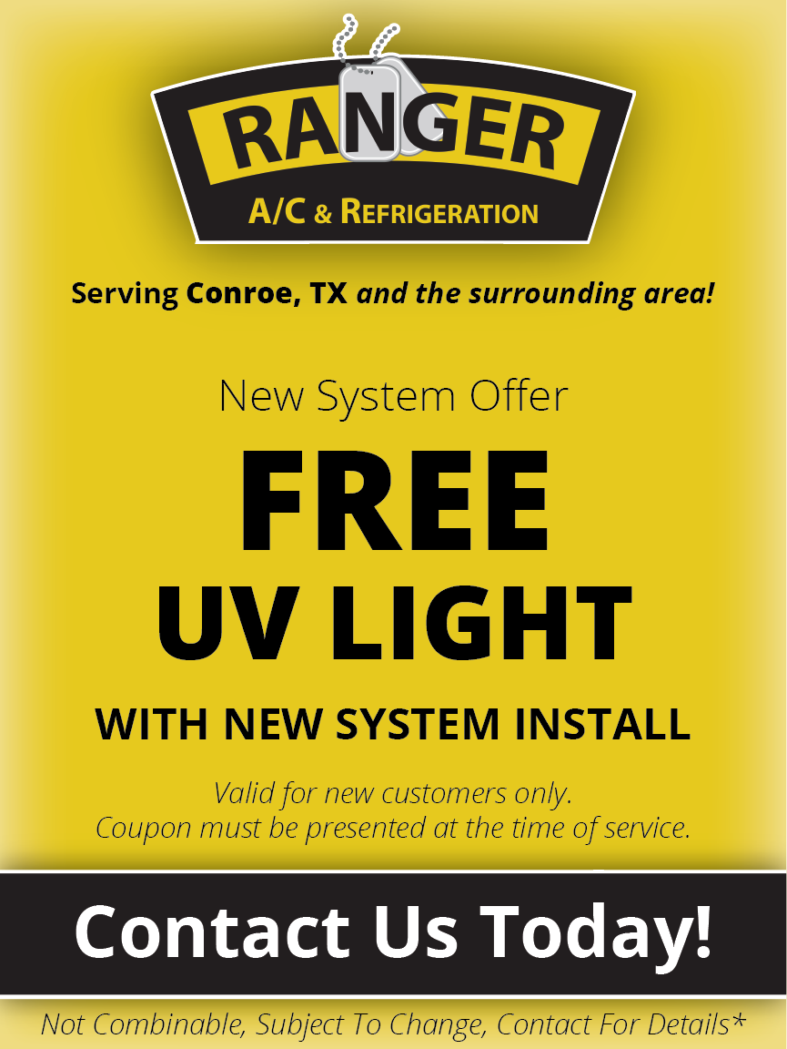 Ranger AC & Refrigeration Free UV Light or Wifi Thermostat with New System Install. Contact Us Today Banner.