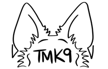 A black and white drawing of a dog's ears and the words tmk9