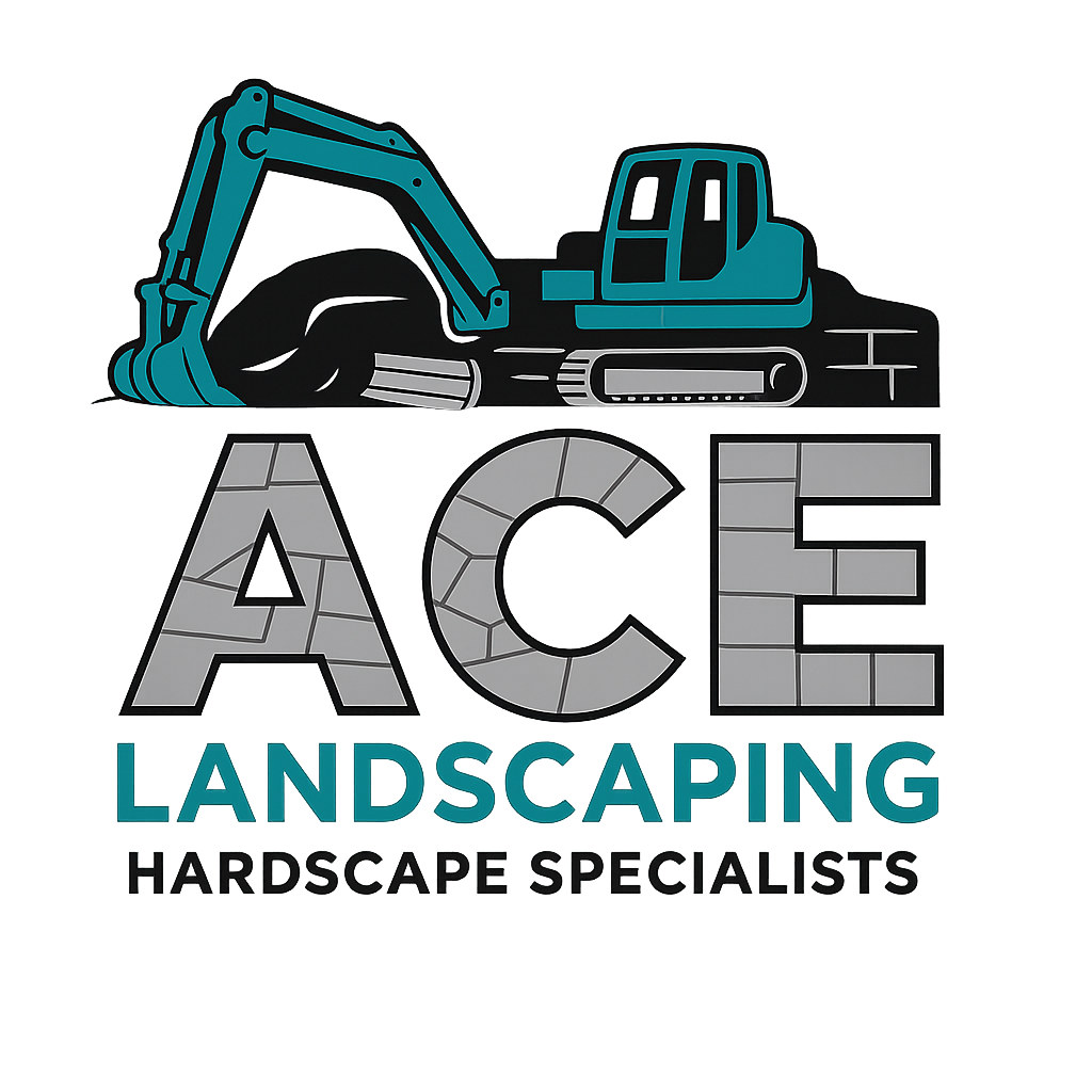 A logo for ace landscaping hardscape specialists with a blue excavator.