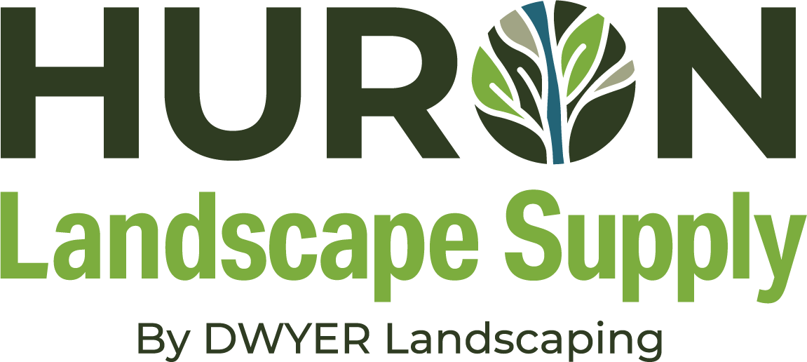 HURON Landscape Supply logo with a tree graphic, green text. By DWYER Landscaping at bottom.