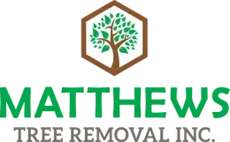 The logo for matthews tree removal inc. has a tree in a hexagon.
