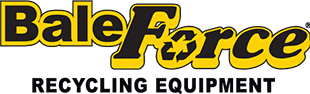 A yellow and black logo for bale force recycling equipment