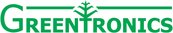 A green and white logo for greentronics with an arrow in the middle.