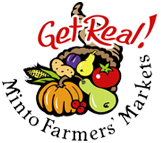 A logo for mini farmers markets with a cornucopia of fruits and vegetables.