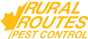 A yellow logo for rural routes pest control with a maple leaf.