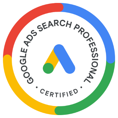 A google ads search professional certified logo with a colorful circle around it