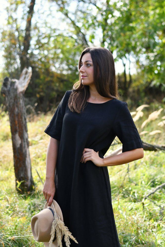 Lange linnen jurk met mouwen zwart