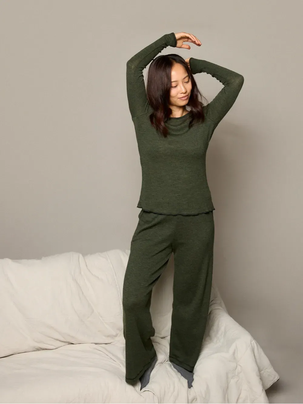 Broek merino rib pine melange