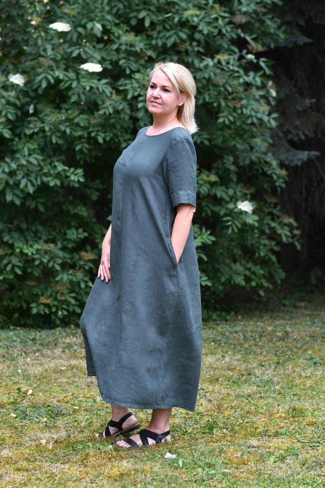 Lange linnen jurk met mouwen donkergroen