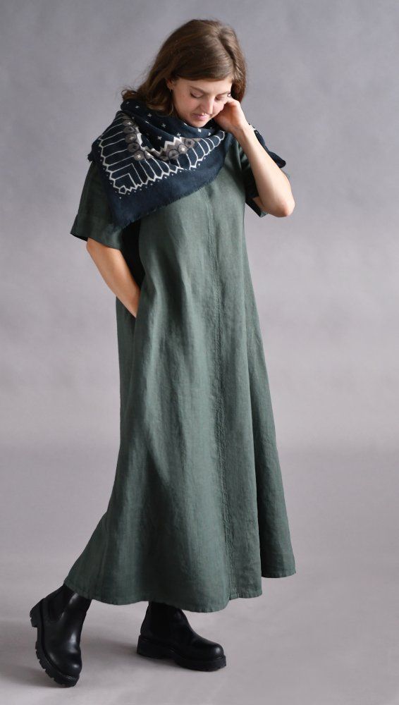 Lange linnen jurk met mouwen donkergroen
