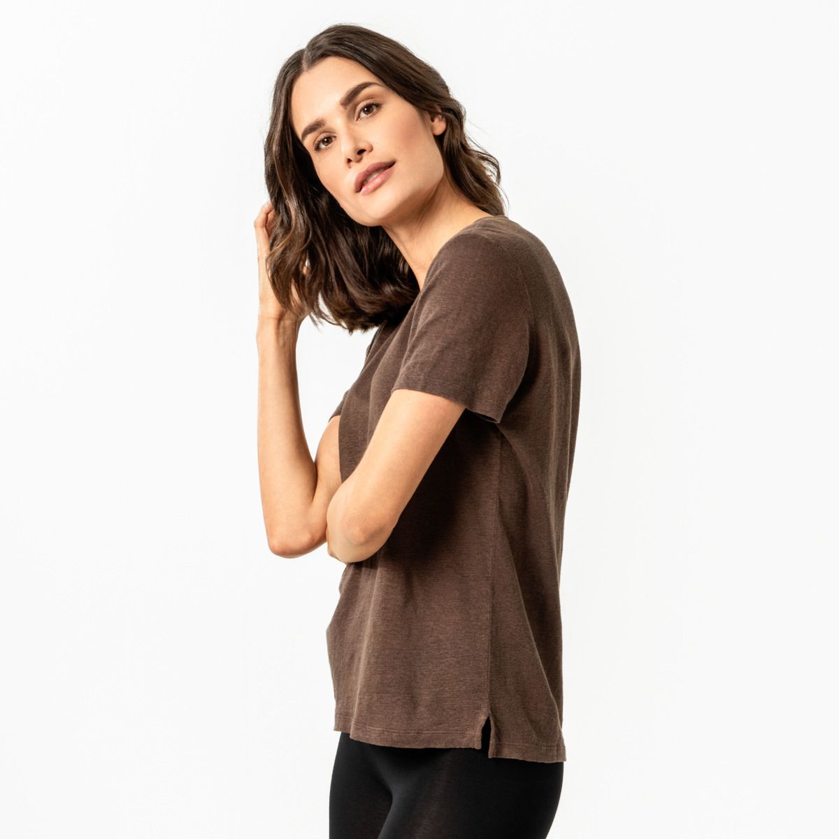 Dames t-shirt linnen  donkerbruin