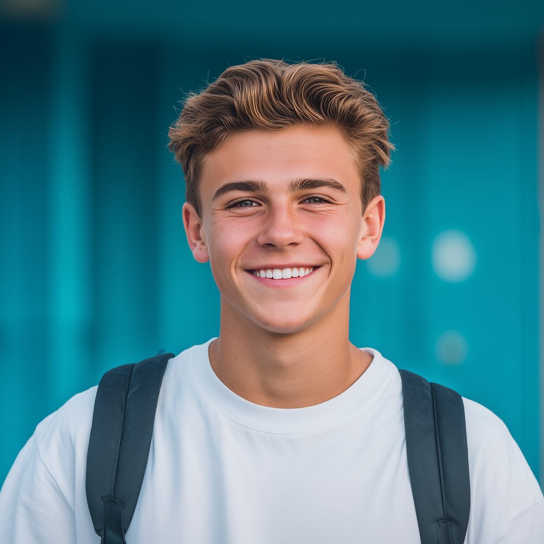Smiling young man with brown hair and backpack against a teal background. Wearing a white t-shirt.