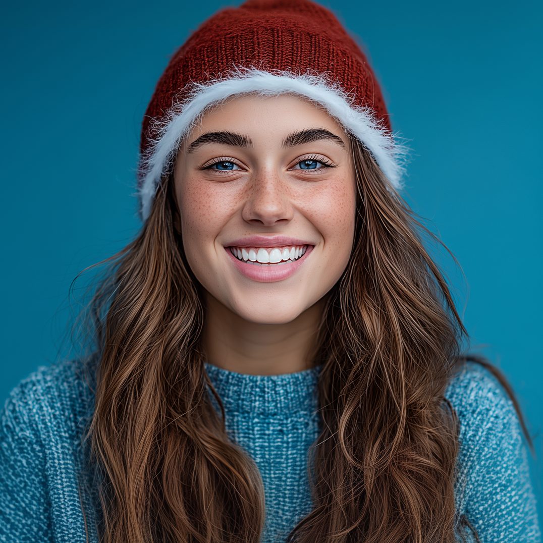 Woman wearing a red hat with white trim and a blue sweater, smiling at the camera.