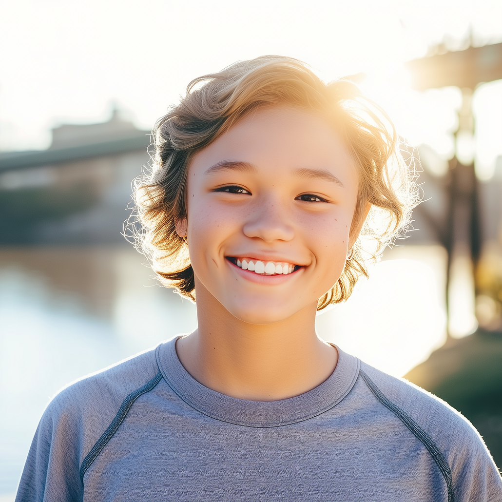 A young boy is smiling for the camera in front of a body of water.