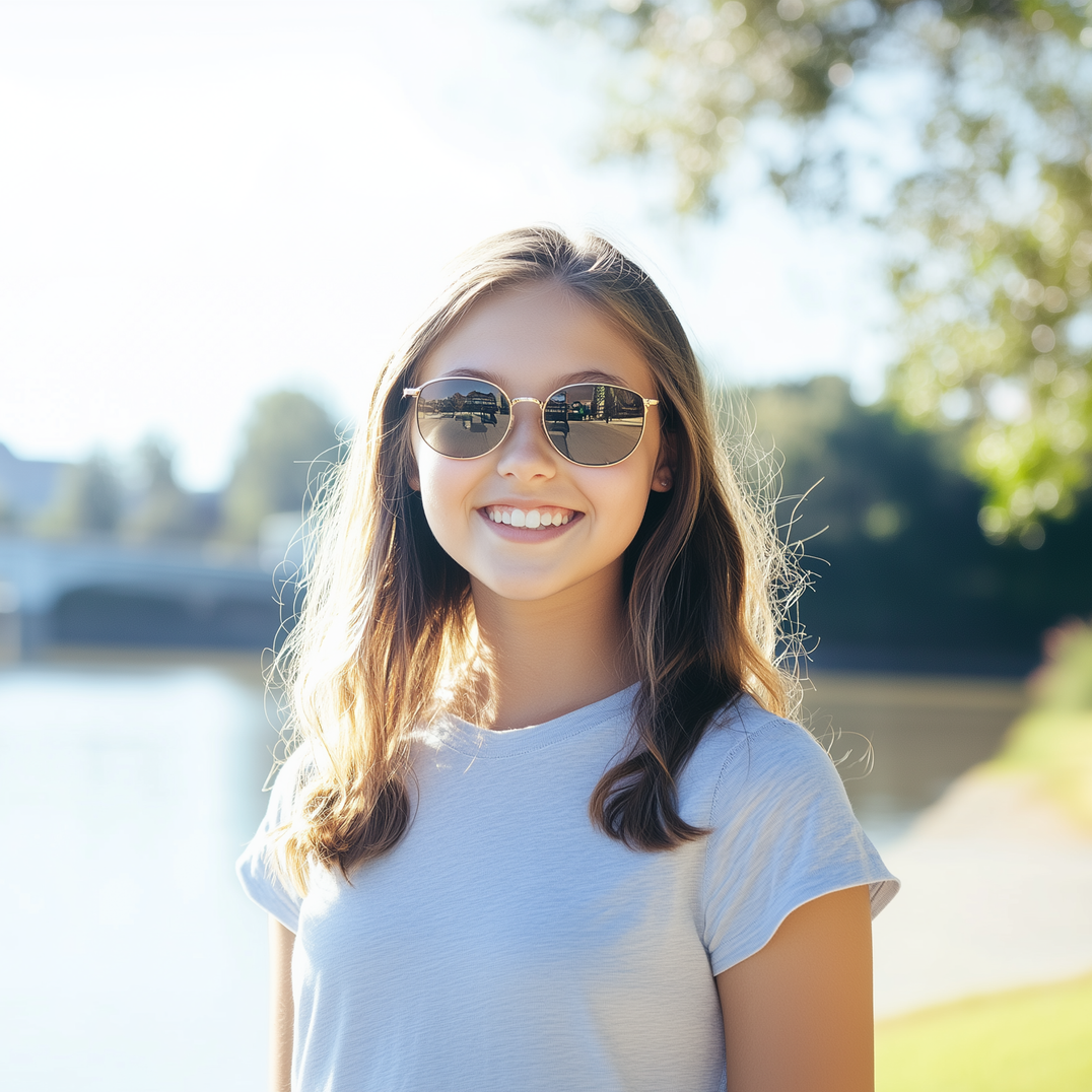 A young woman wearing sunglasses and a white shirt is smiling for the camera.
