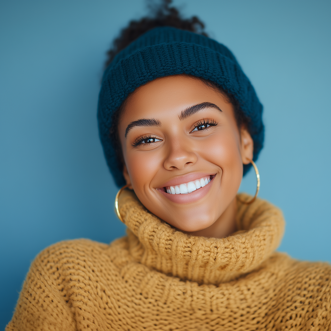 Woman in teal beanie and yellow sweater smiles at the camera.