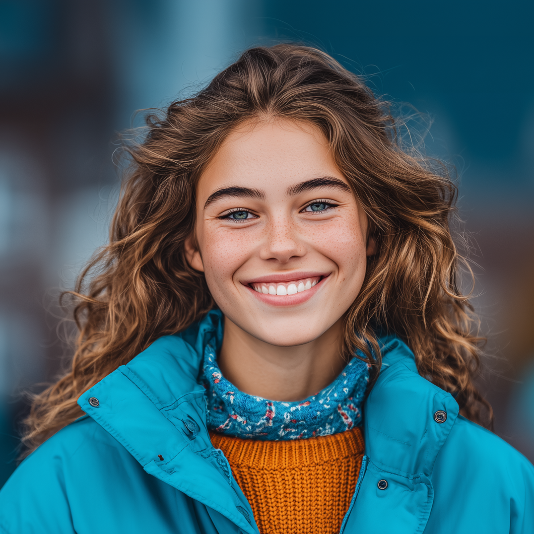 Young woman with curly brown hair, smiling, wearing a blue jacket and orange sweater.