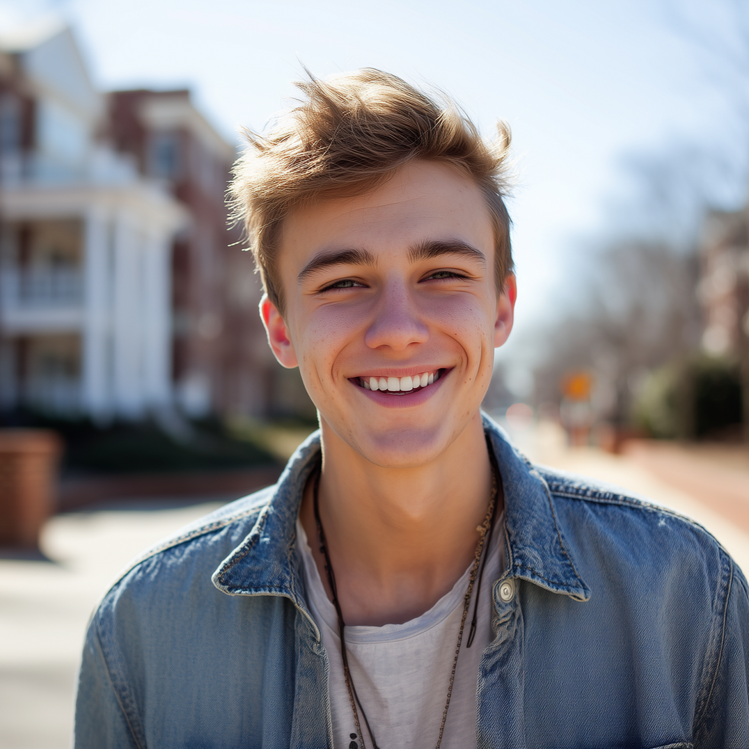 A smiling person with messy light brown hair wearing a light shirt and denim jacket, standing outside in a bright area.
