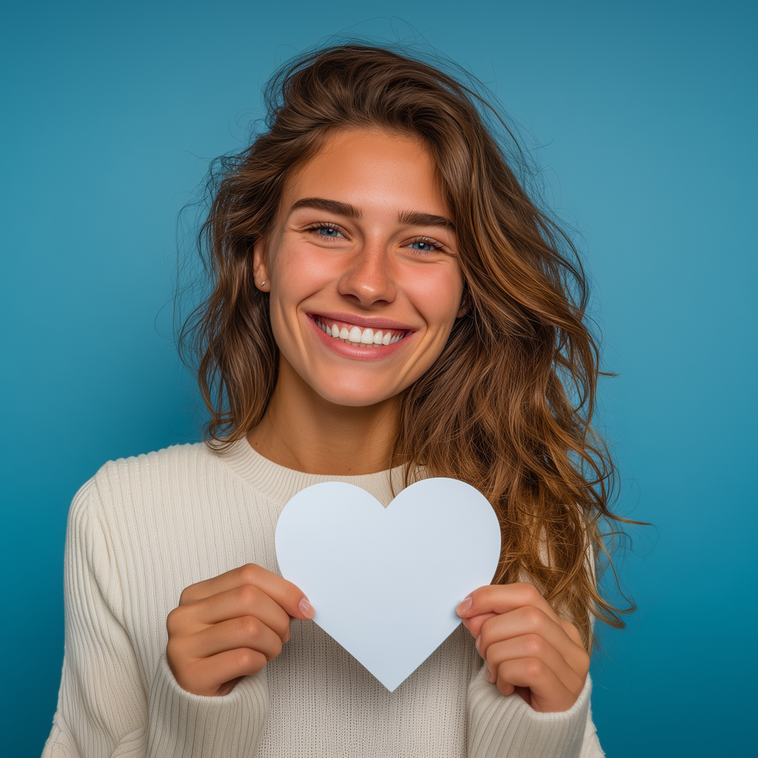 Woman smiling, holding a white heart against a blue background, wearing a white sweater.