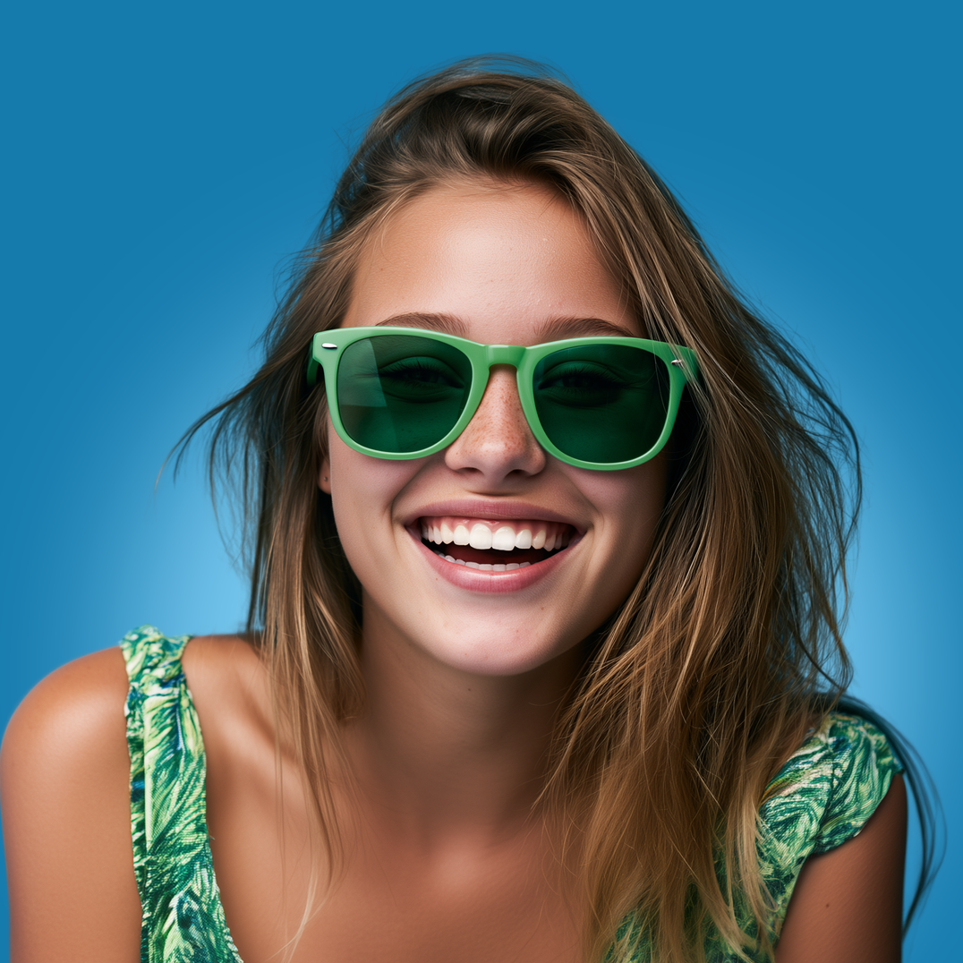 Smiling person in green sunglasses against a blue background