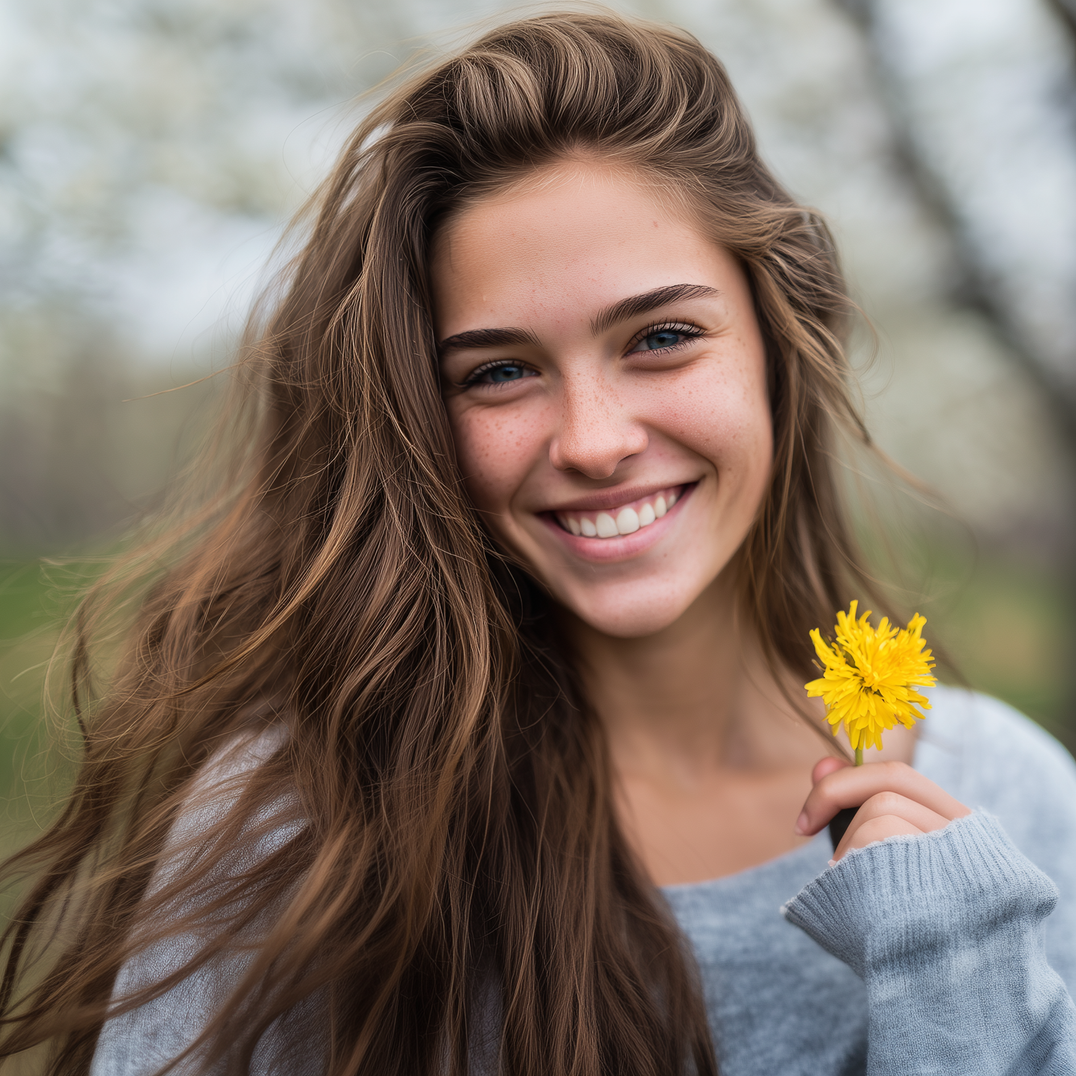 Woman with long brown hair smiles, holding a yellow flower.