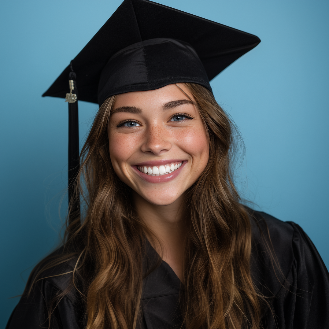 Smiling graduate in black cap and gown against a blue background