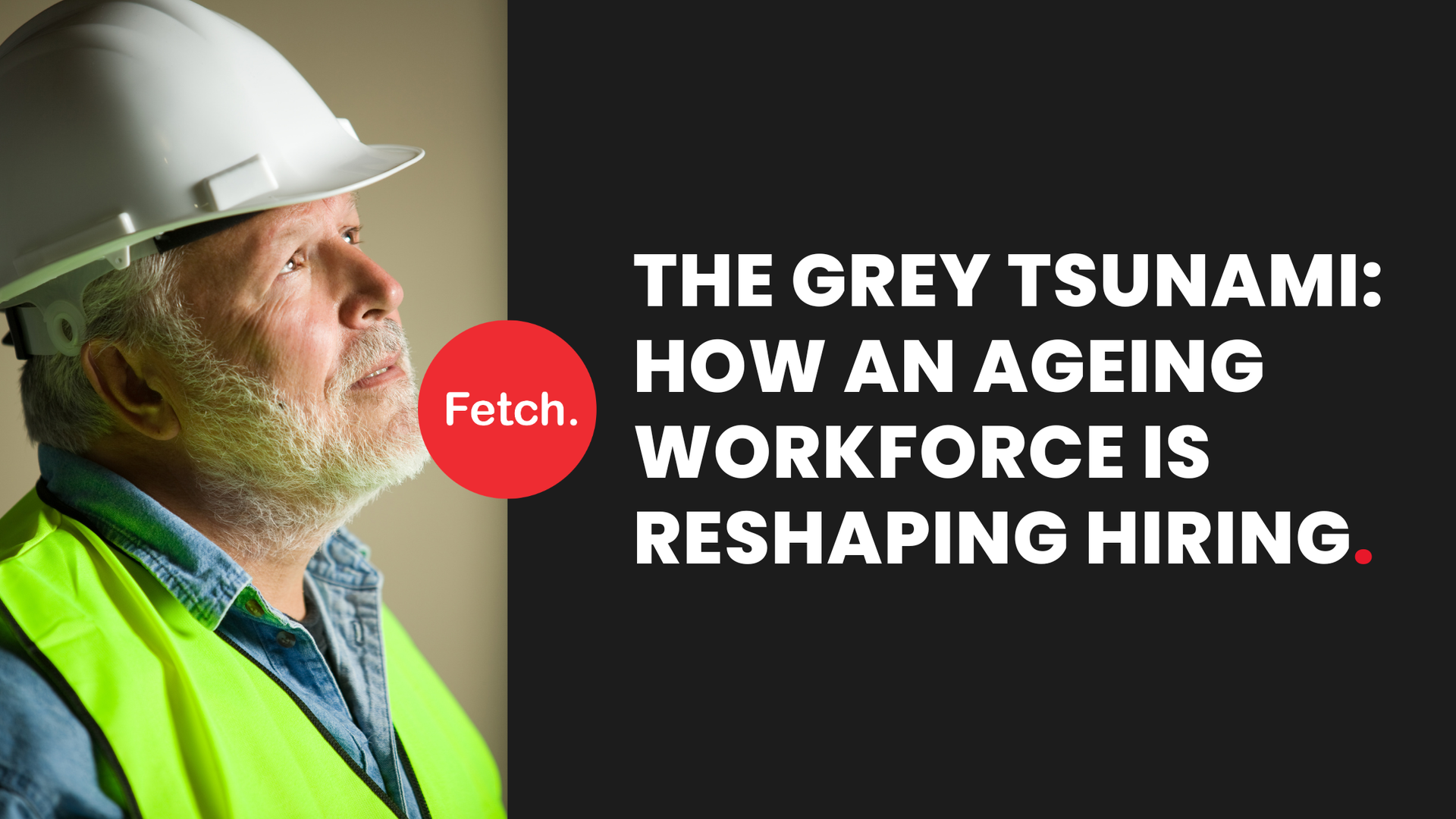 A construction worker in a hard hat and safety vest next to text: