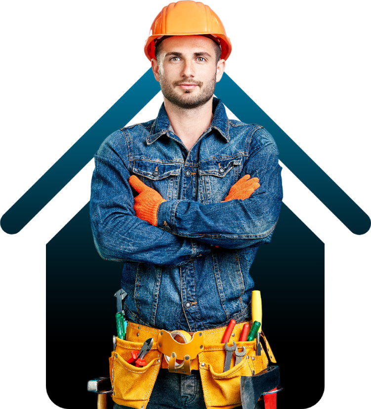 a man wearing a hard hat and a tool belt is standing with his arms crossed