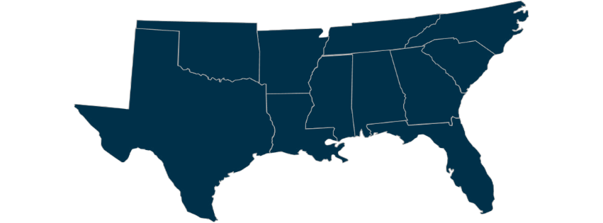 Locations we service map. Southeast USA.