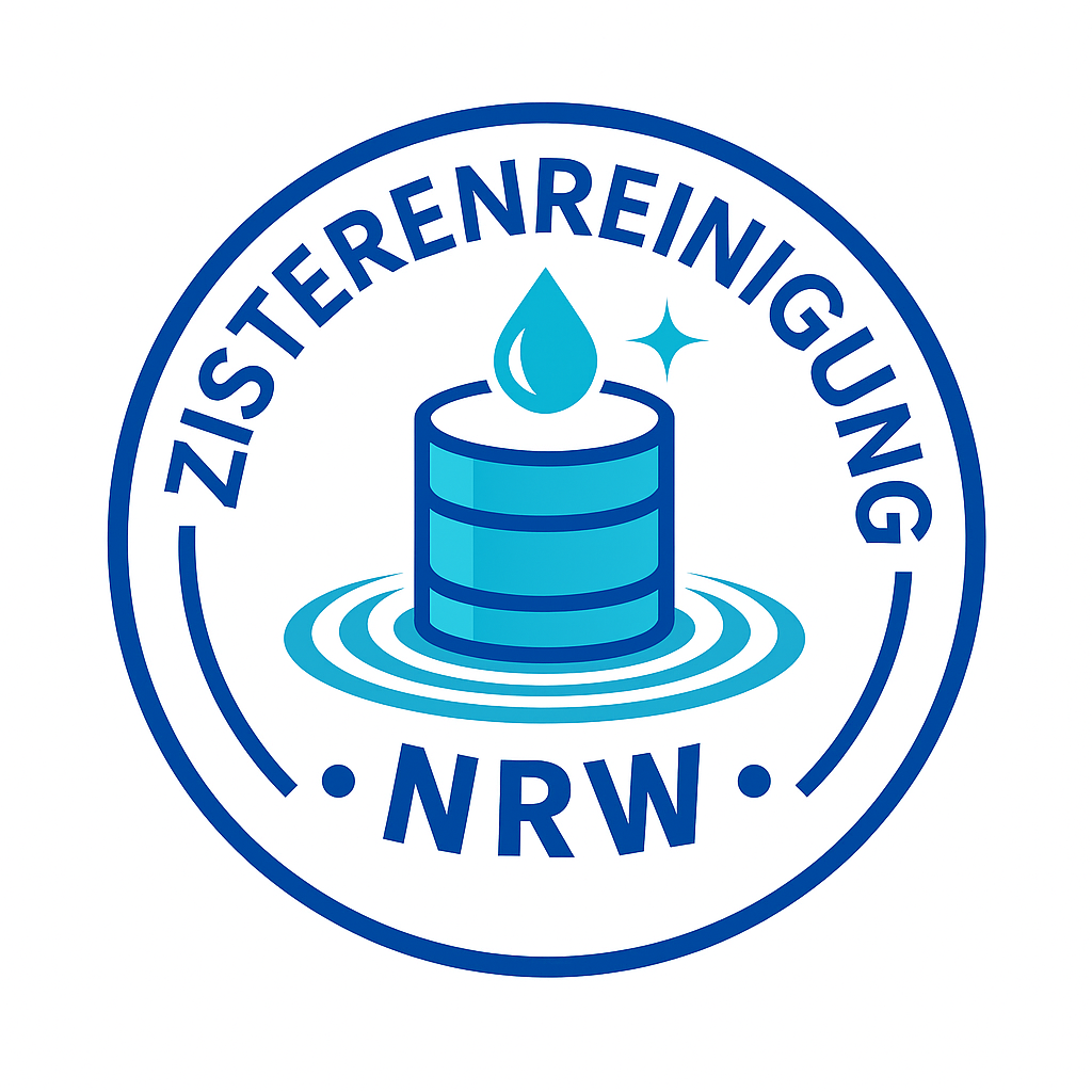Logo der „Zisternenreinigung NRW“ mit einer Zisternengrafik mit Wassertropfen.