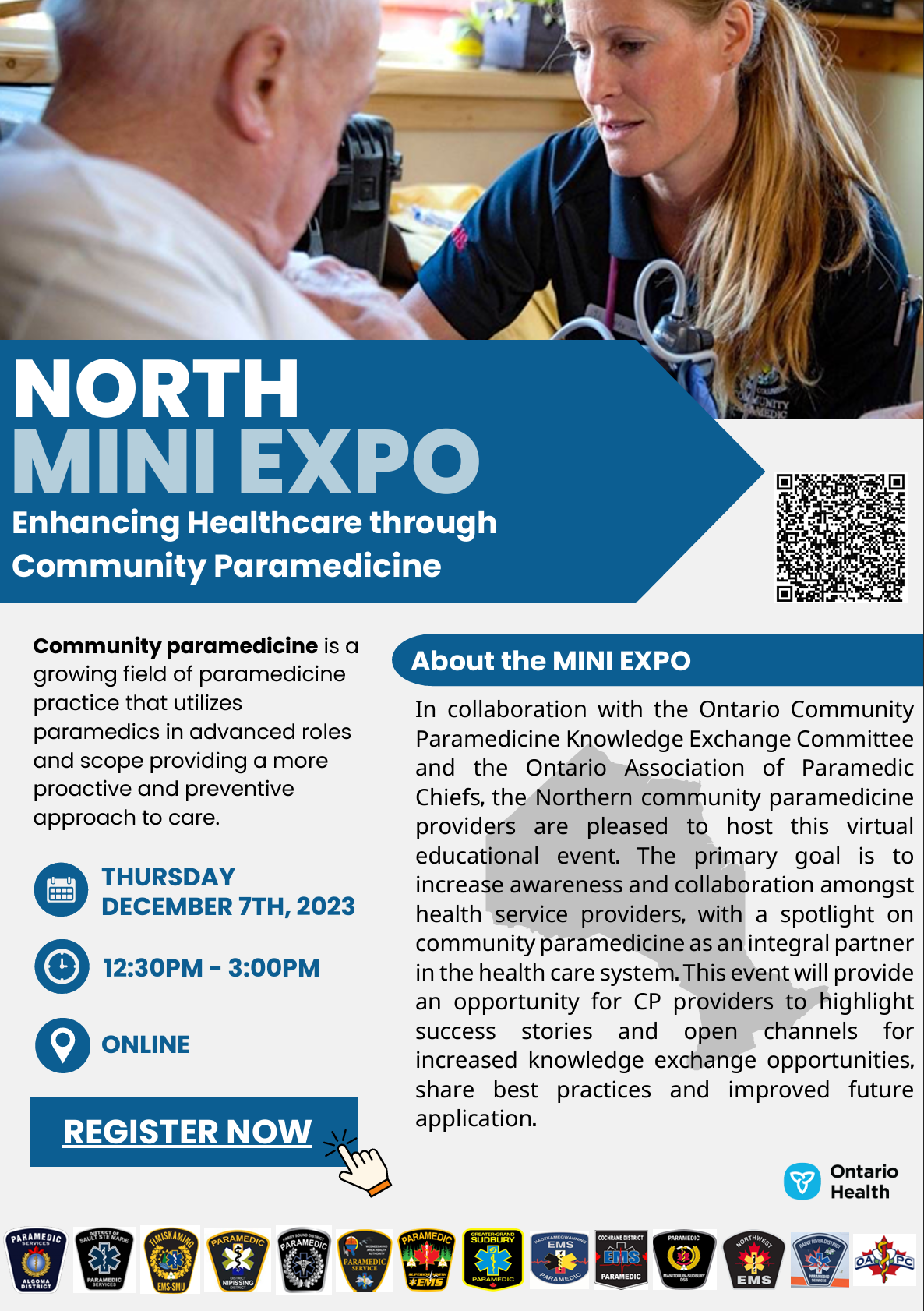 A poster for the north mini expo encouraging healthcare through community paramedicine.