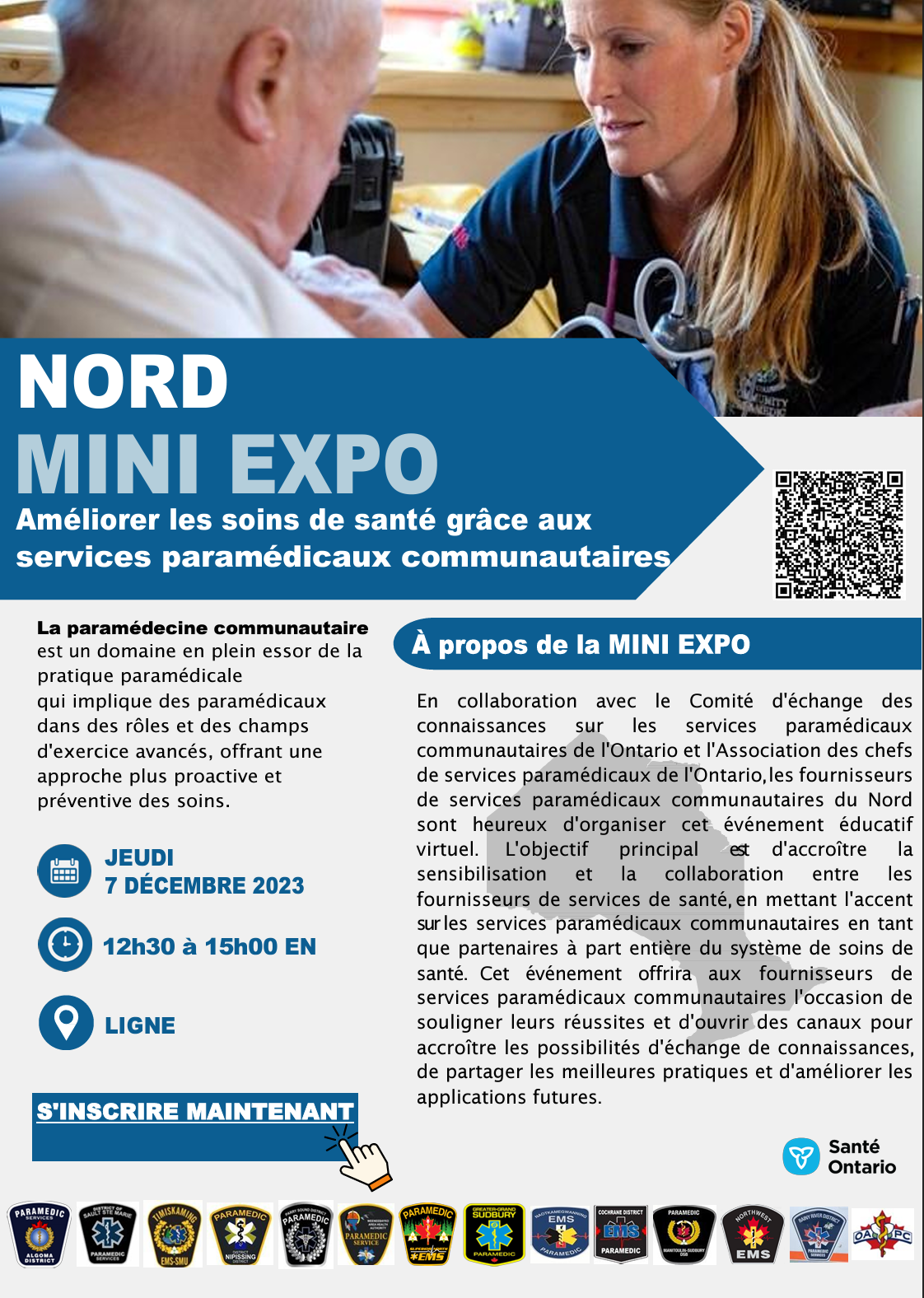 A woman is talking to an elderly man on a french language poster for a mini expo.