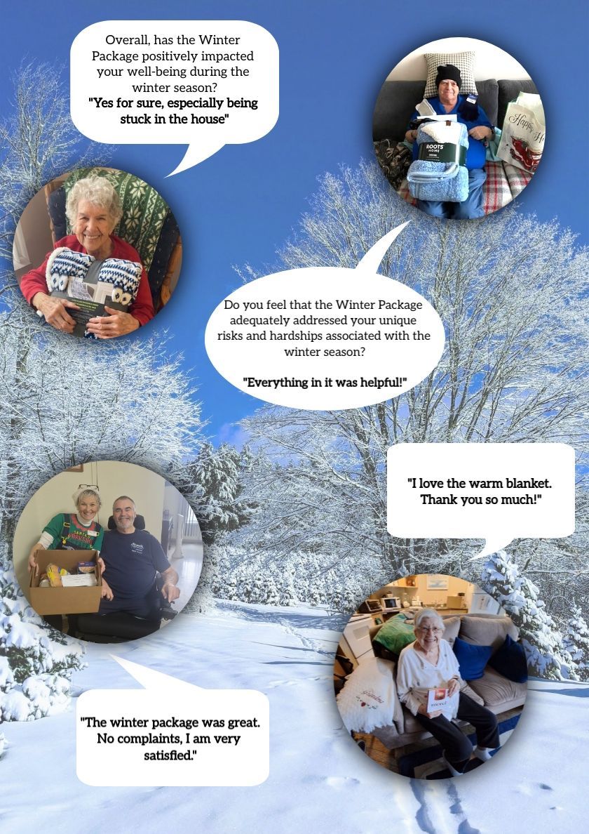 A collage of pictures of people in the snow with speech bubbles.