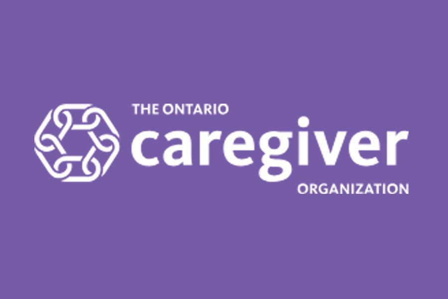 The logo for the ontario caregiver organization is on a purple background.