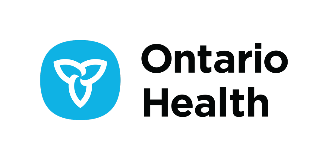 The ontario health logo is a blue circle with a heart in it.