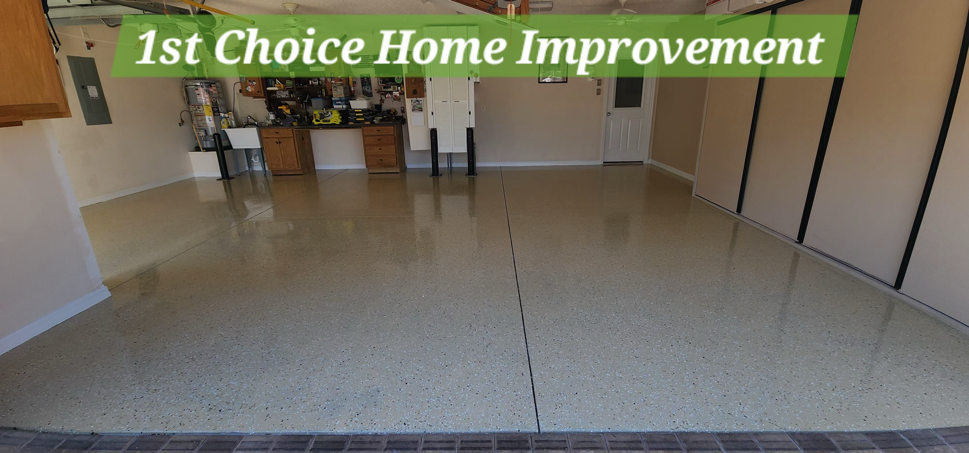 A newly coated, speckled garage floor with 