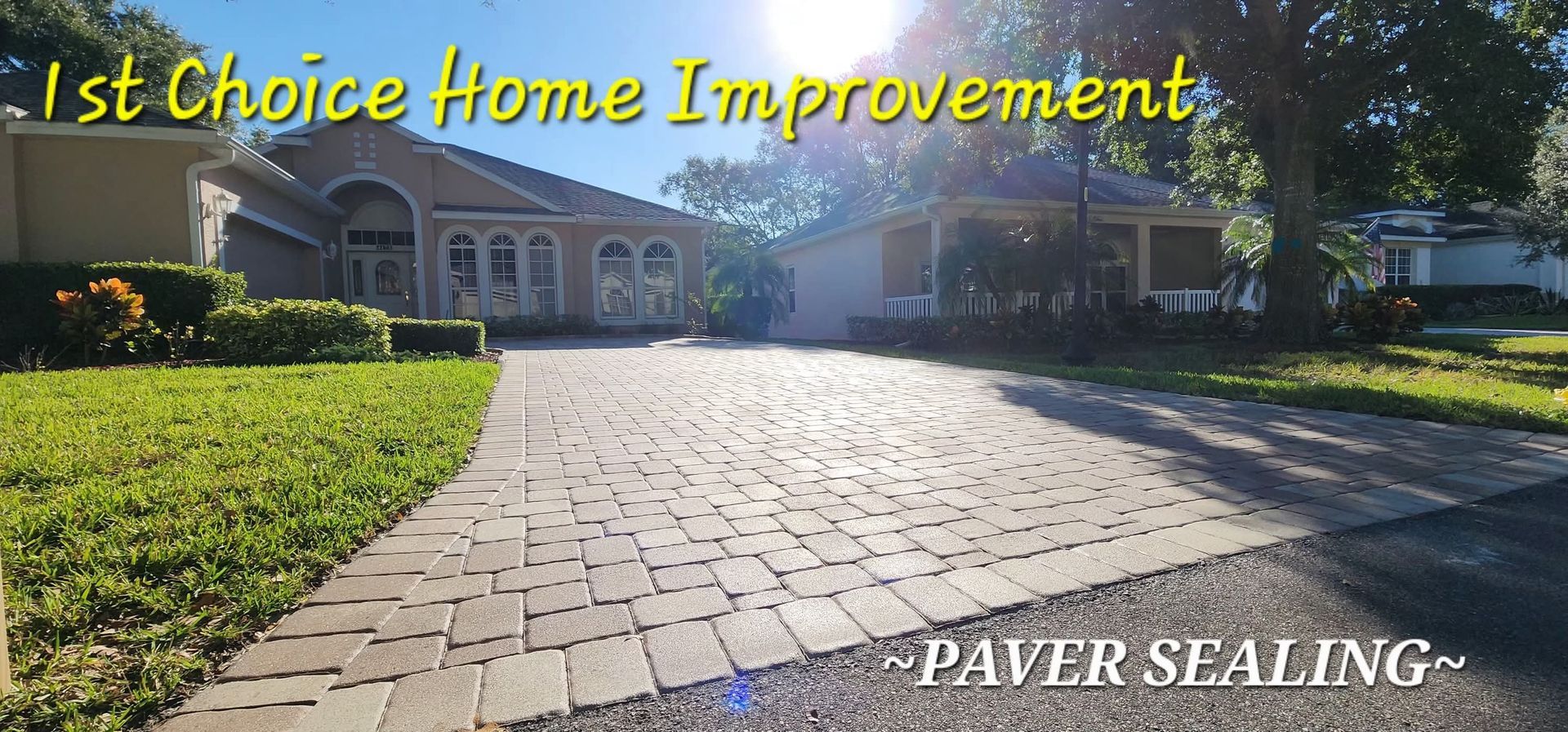 Paver driveway in front of a house, with the text 