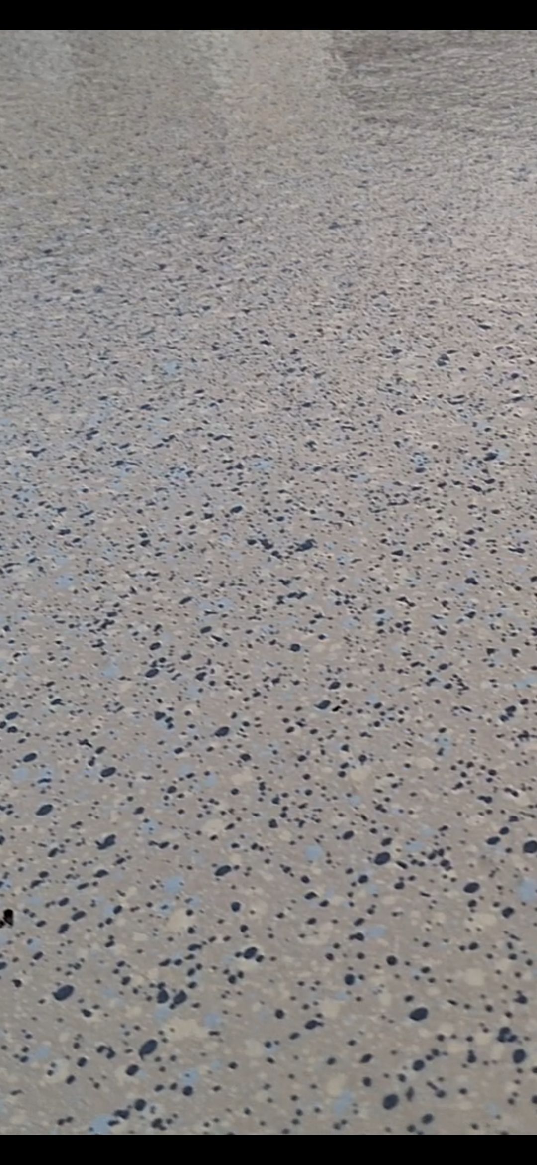 A close up of a concrete floor with black spots on it.
